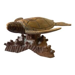 Hand Carved Sea Turtle On "Wooden Rock Stand 8.5"Long x 5"Tall